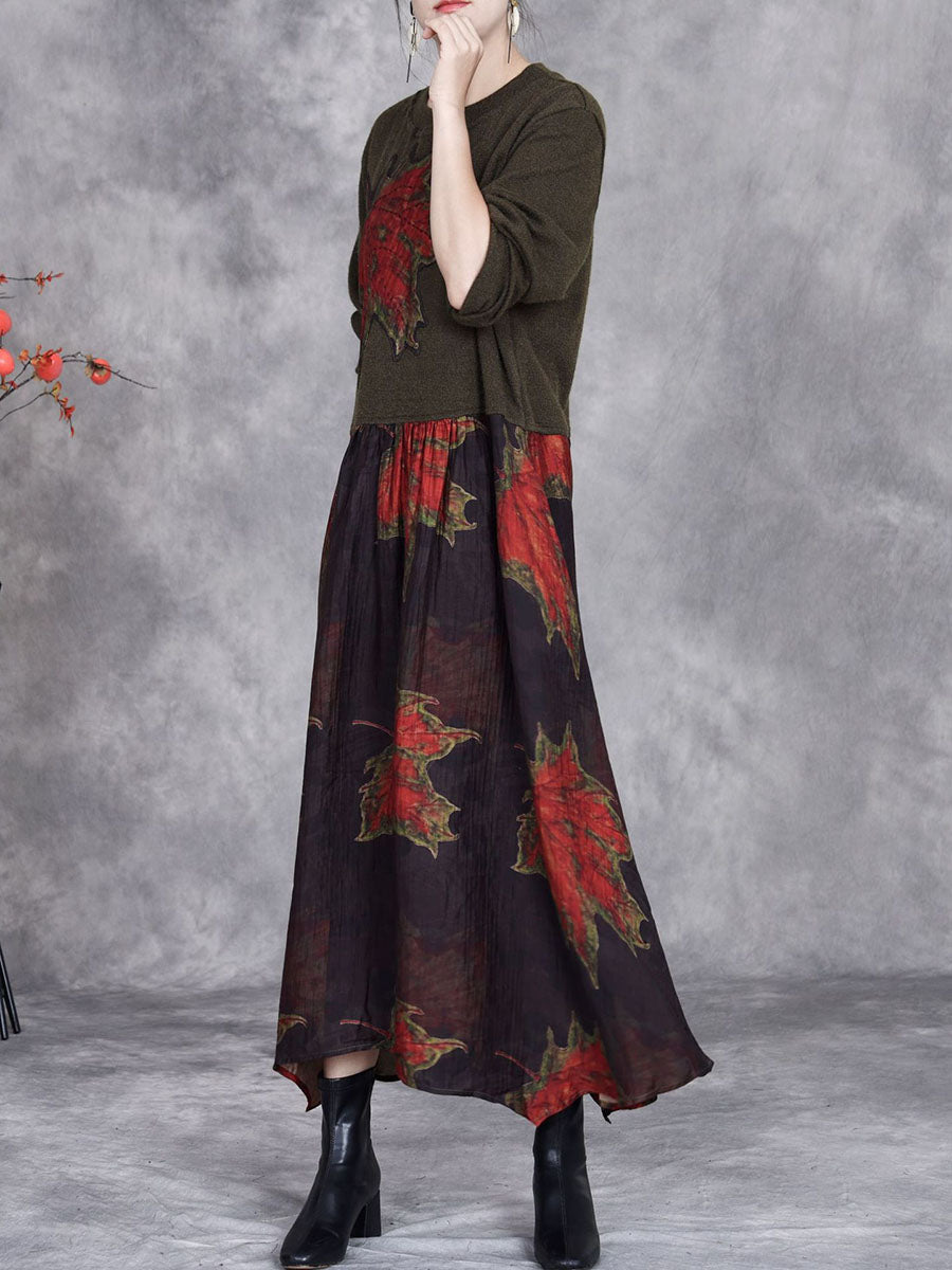 Women Autumn Maple Leaf Irregular Hem O-Neck Loose Dress AI1054 BUYKUD