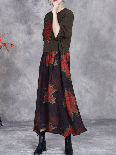 Women Autumn Maple Leaf Irregular Hem O-Neck Loose Dress AI1054 BUYKUD