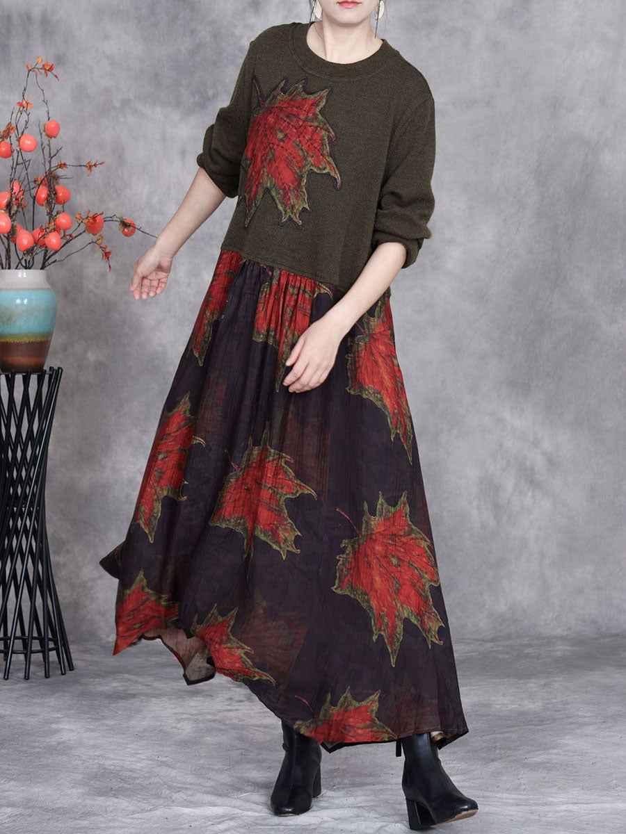 Women Autumn Maple Leaf Irregular Hem O-Neck Loose Dress AI1054 BUYKUD