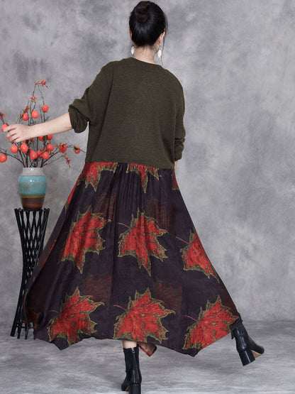 Women Autumn Maple Leaf Irregular Hem O-Neck Loose Dress AI1054 BUYKUD