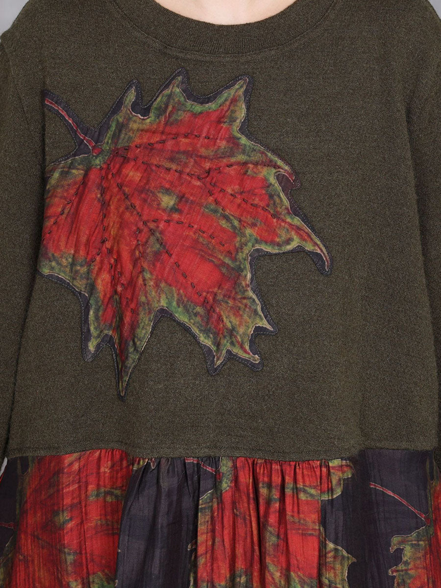 Women Autumn Maple Leaf Irregular Hem O-Neck Loose Dress AI1054 BUYKUD