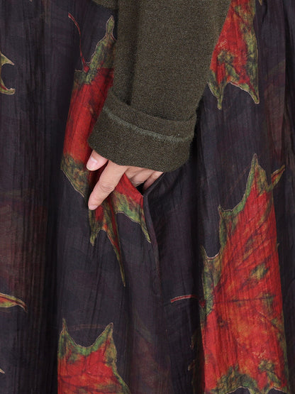 Women Autumn Maple Leaf Irregular Hem O-Neck Loose Dress AI1054 BUYKUD