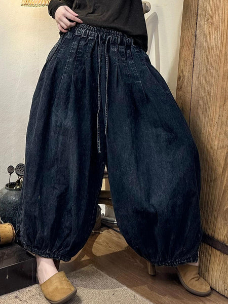 Women Autumn Vintage Solid Strap Loose Denim Bloomers AI1029 HLCP