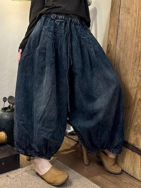 Women Autumn Vintage Solid Strap Loose Denim Bloomers AI1029 HLCP