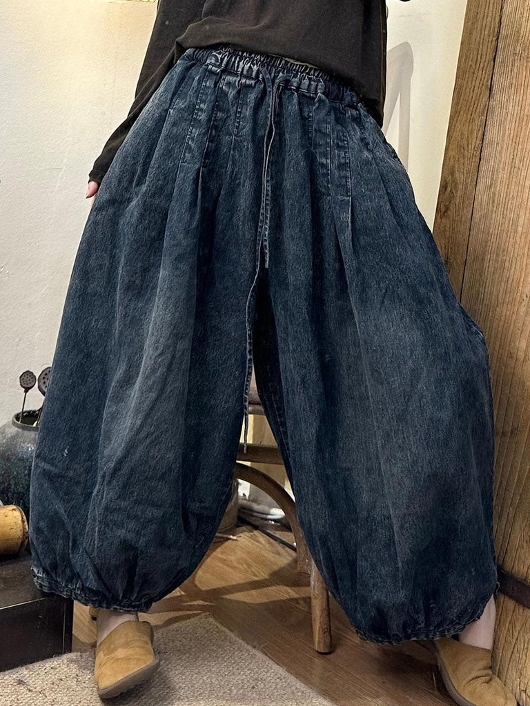 Women Autumn Vintage Solid Strap Loose Denim Bloomers AI1029 HLCP