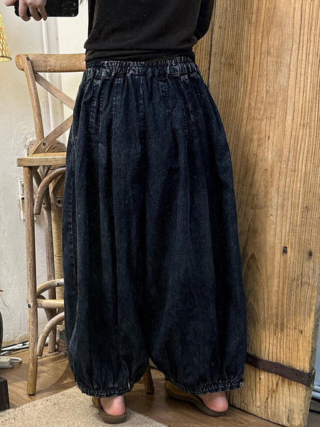 Women Autumn Vintage Solid Strap Loose Denim Bloomers AI1029 HLCP