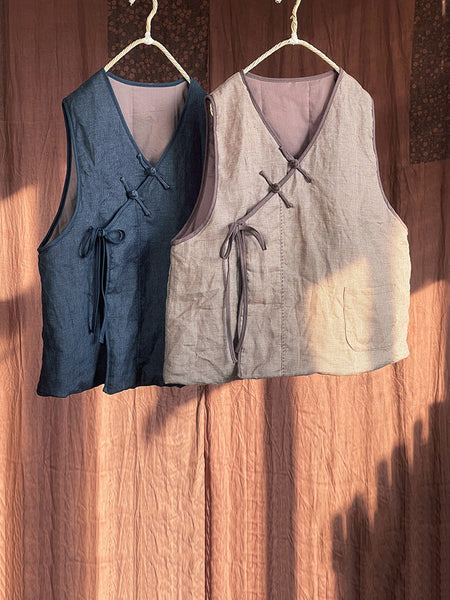 Women Autumn Ethnic Solid Strap V-Neck Linen Vest AI1058 BUYKUD