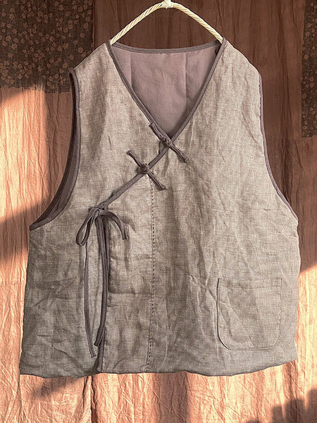 Women Autumn Ethnic Solid Strap V-Neck Linen Vest AI1058 BUYKUD