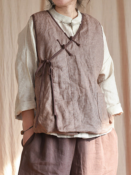 Women Autumn Ethnic Solid Strap V-Neck Linen Vest AI1058 BUYKUD