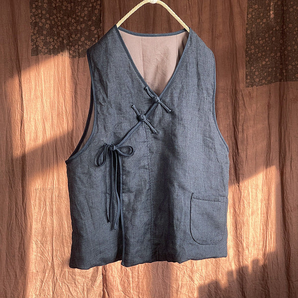 Women Autumn Ethnic Solid Strap V-Neck Linen Vest AI1058 BUYKUD