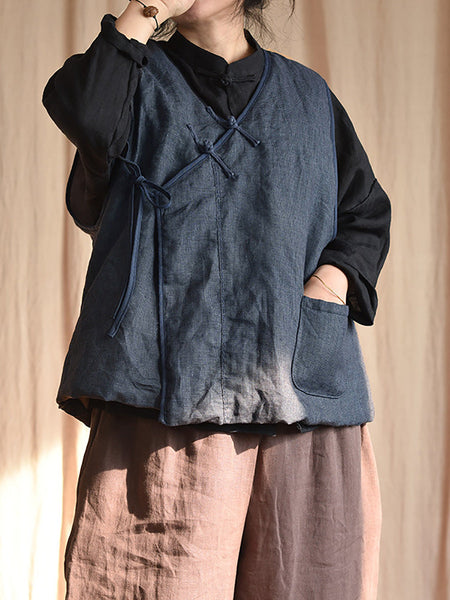 Women Autumn Ethnic Solid Strap V-Neck Linen Vest AI1058 BUYKUD