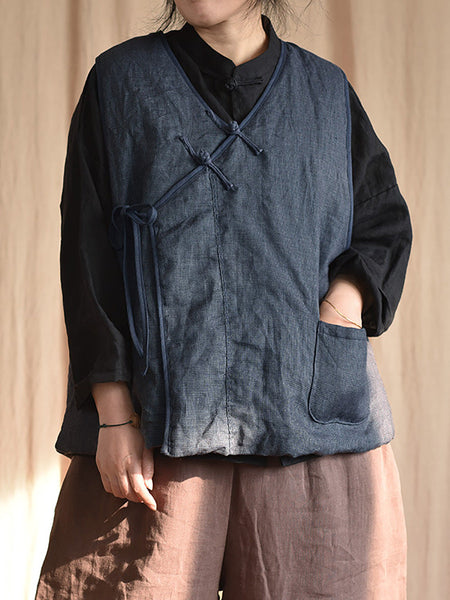 Women Autumn Ethnic Solid Strap V-Neck Linen Vest AI1058 BUYKUD