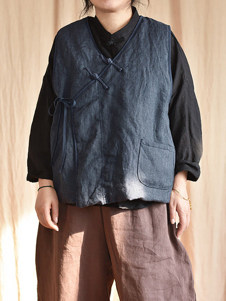 Women Autumn Ethnic Solid Strap V-Neck Linen Vest AI1058 BUYKUD