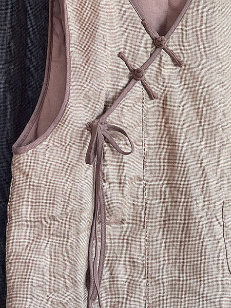 Women Autumn Ethnic Solid Strap V-Neck Linen Vest AI1058 BUYKUD