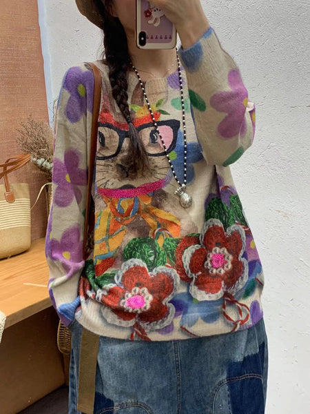 Women Autumn Artsy Flower O-Neck Knit Sweater AI1072 ZMMM