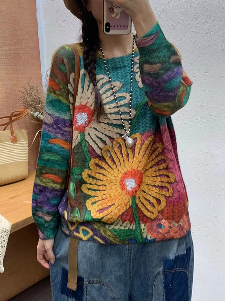 Women Autumn Artsy Flower O-Neck Knit Sweater AI1072 ZMMM