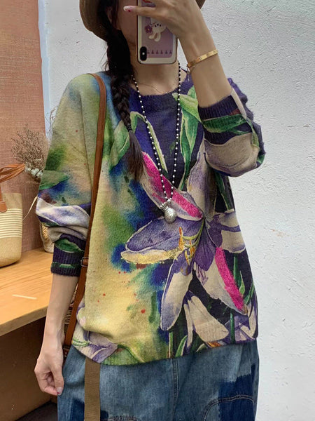 Women Autumn Artsy Flower O-Neck Knit Sweater AI1072 ZMMM