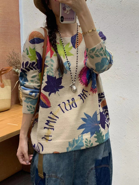 Women Autumn Artsy Flower O-Neck Knit Sweater AI1072 ZMMM