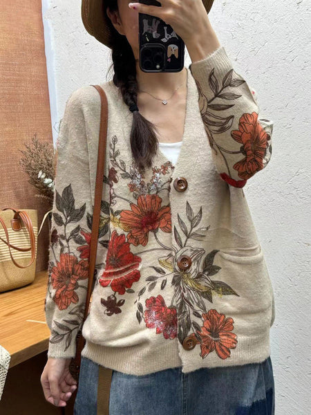 Women Autumn Flower Spliced V-Neck Knit Cardigan Sweater AI1055 BUYKUD