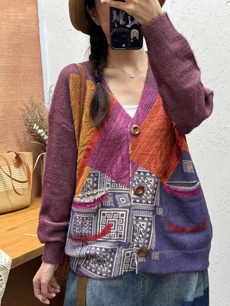 Women Autumn Flower Spliced V-Neck Knit Cardigan Sweater AI1055 BUYKUD