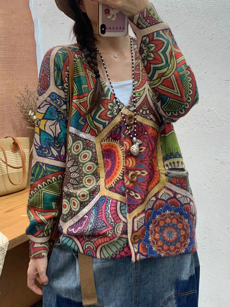Women Autumn Flower Spliced V-Neck Knit Cardigan Sweater AI1055 BUYKUD
