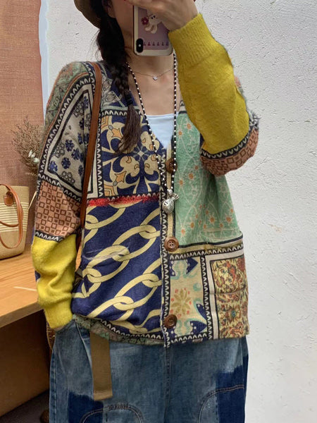 Women Autumn Flower Spliced V-Neck Knit Cardigan Sweater AI1055 BUYKUD