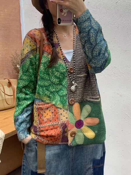 Women Autumn Flower Spliced V-Neck Knit Cardigan Sweater AI1055 BUYKUD