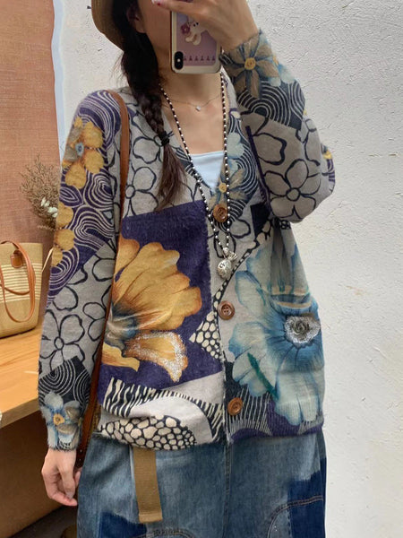 Women Autumn Flower Spliced V-Neck Knit Cardigan Sweater AI1055 BUYKUD