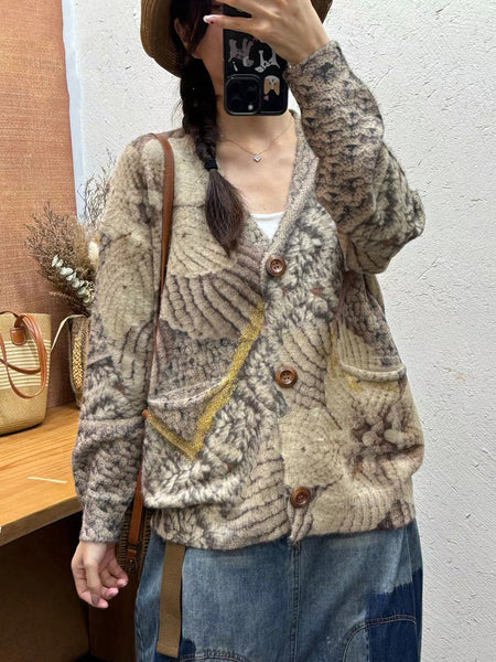 Women Autumn Vintage Flower V-Neck Knit Cardigan Sweater AI1035 BUYKUD