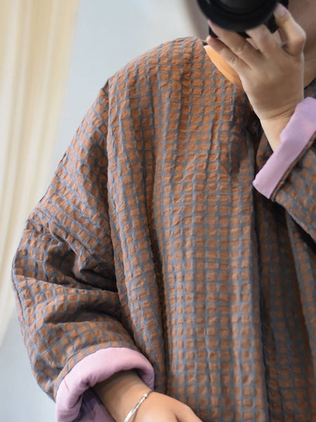 Women Autumn Ethnic Plaid Button O-Neck Linen Padded Coat AI1059 BUYKUD