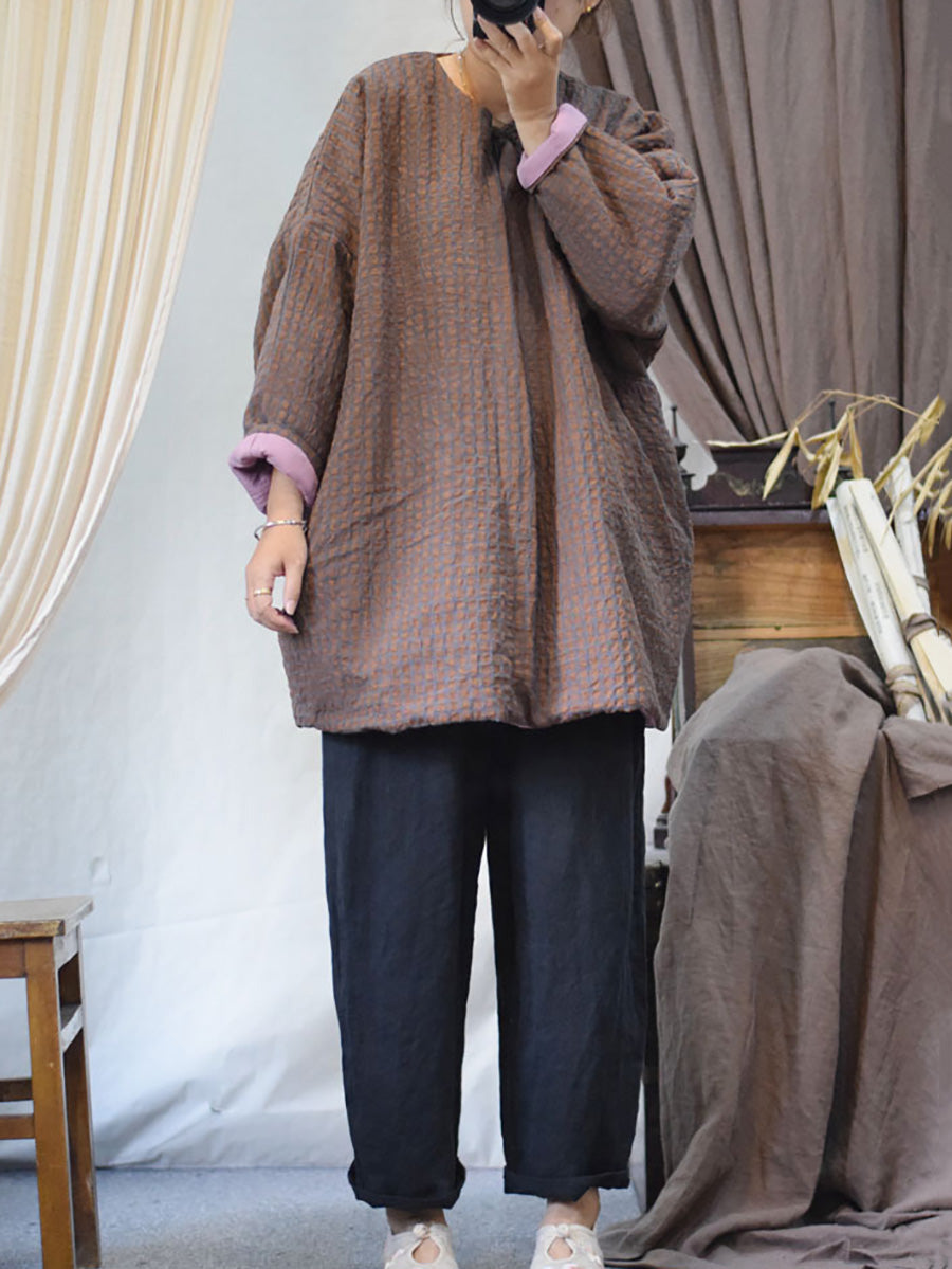 Women Autumn Ethnic Plaid Button O-Neck Linen Padded Coat AI1059 BUYKUD