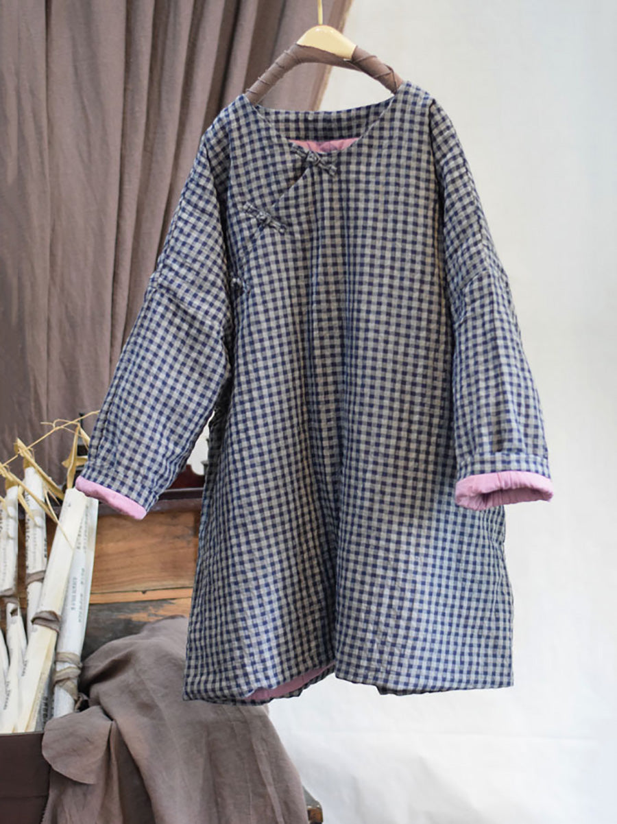 Women Autumn Ethnic Plaid Button O-Neck Linen Padded Coat AI1059 BUYKUD