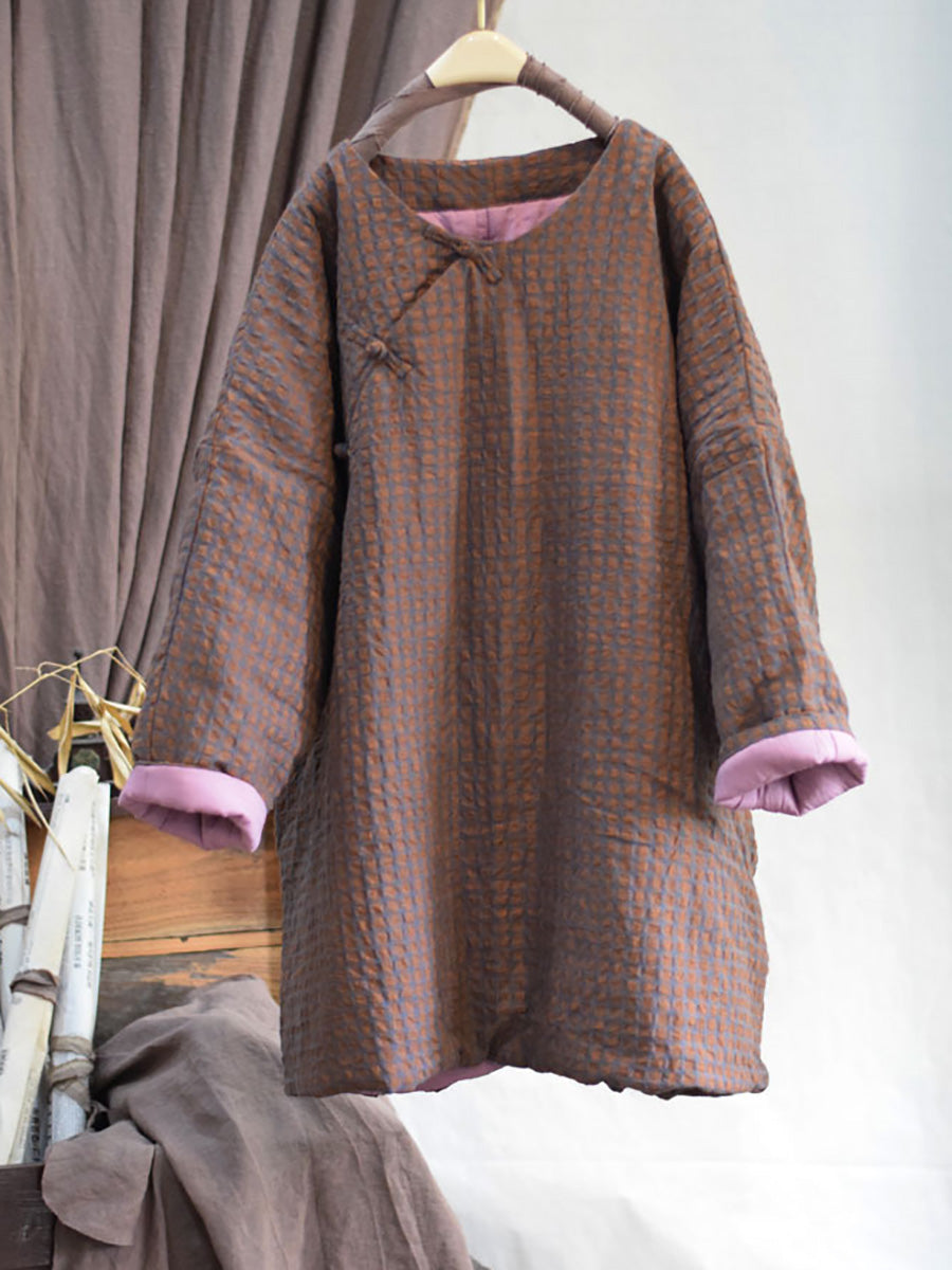Women Autumn Ethnic Plaid Button O-Neck Linen Padded Coat AI1059 BUYKUD