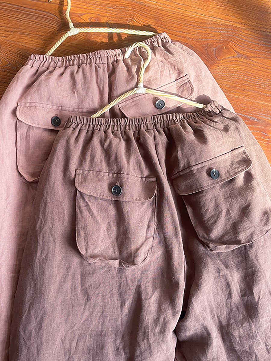 Women Winter Rero Solid Linen Pocket Harem Pants AT1096 BUYKUD