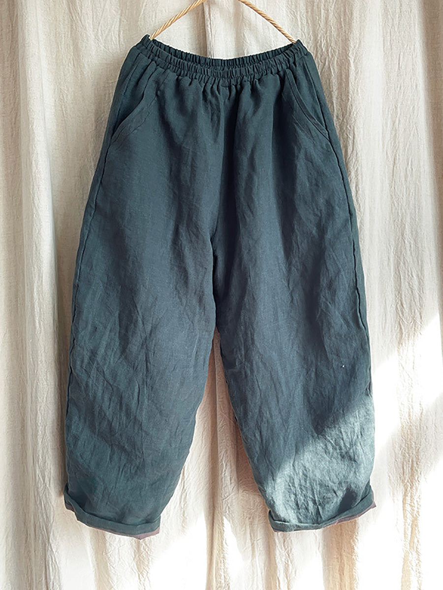 Women Winter Rero Solid Linen Pocket Harem Pants AT1096 BUYKUD