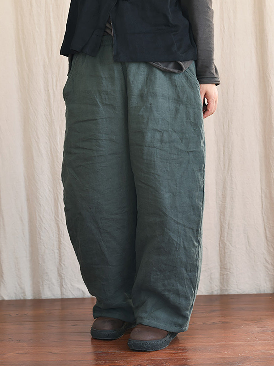 Women Winter Rero Solid Linen Pocket Harem Pants AT1096 BUYKUD