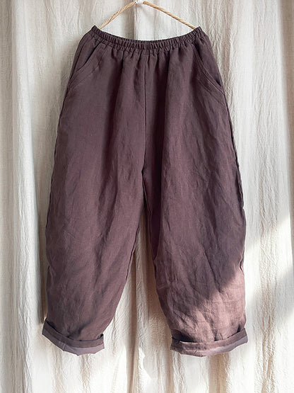 Women Winter Rero Solid Linen Pocket Harem Pants AT1096 BUYKUD