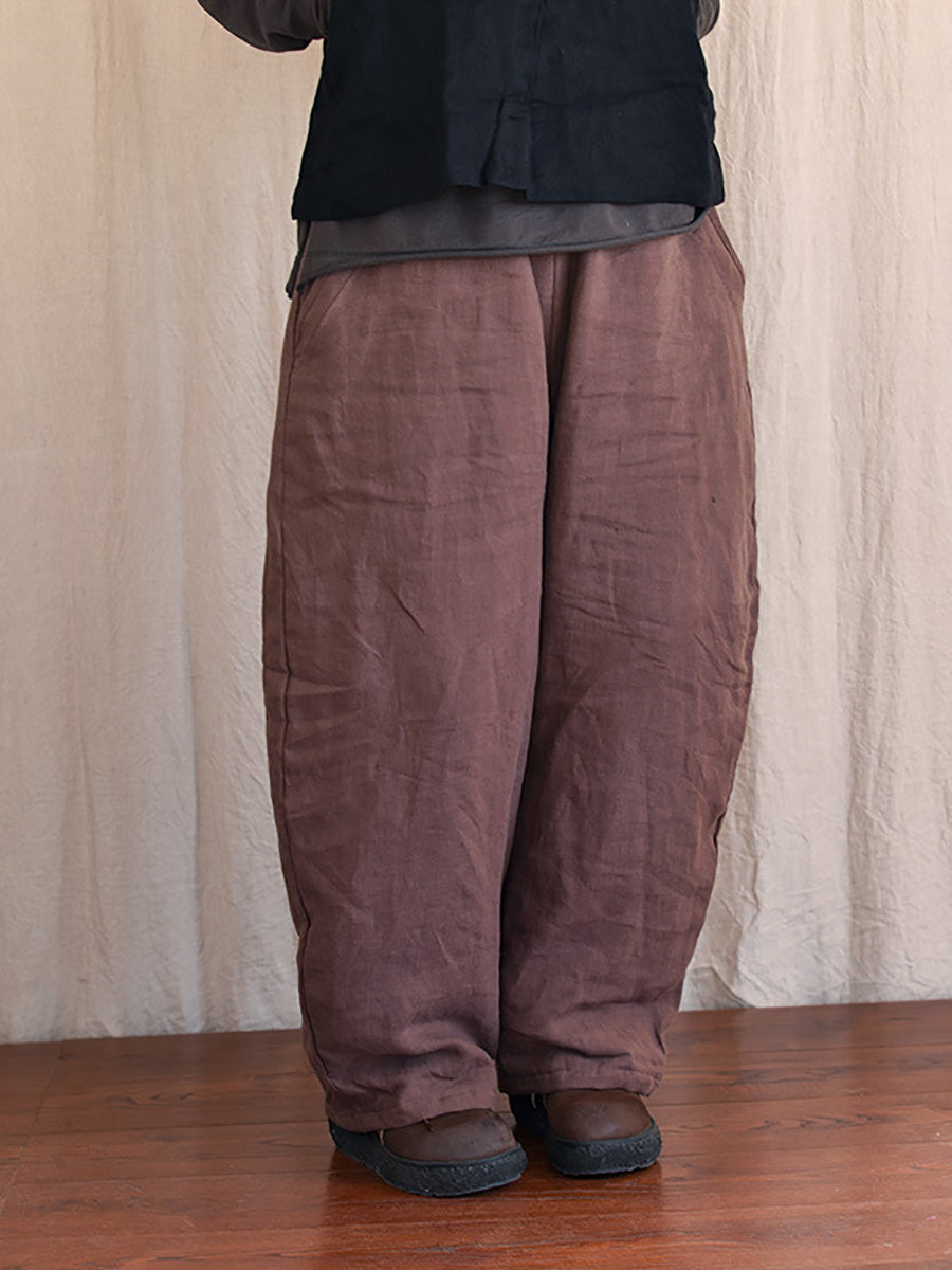 Women Winter Rero Solid Linen Pocket Harem Pants AT1096 BUYKUD