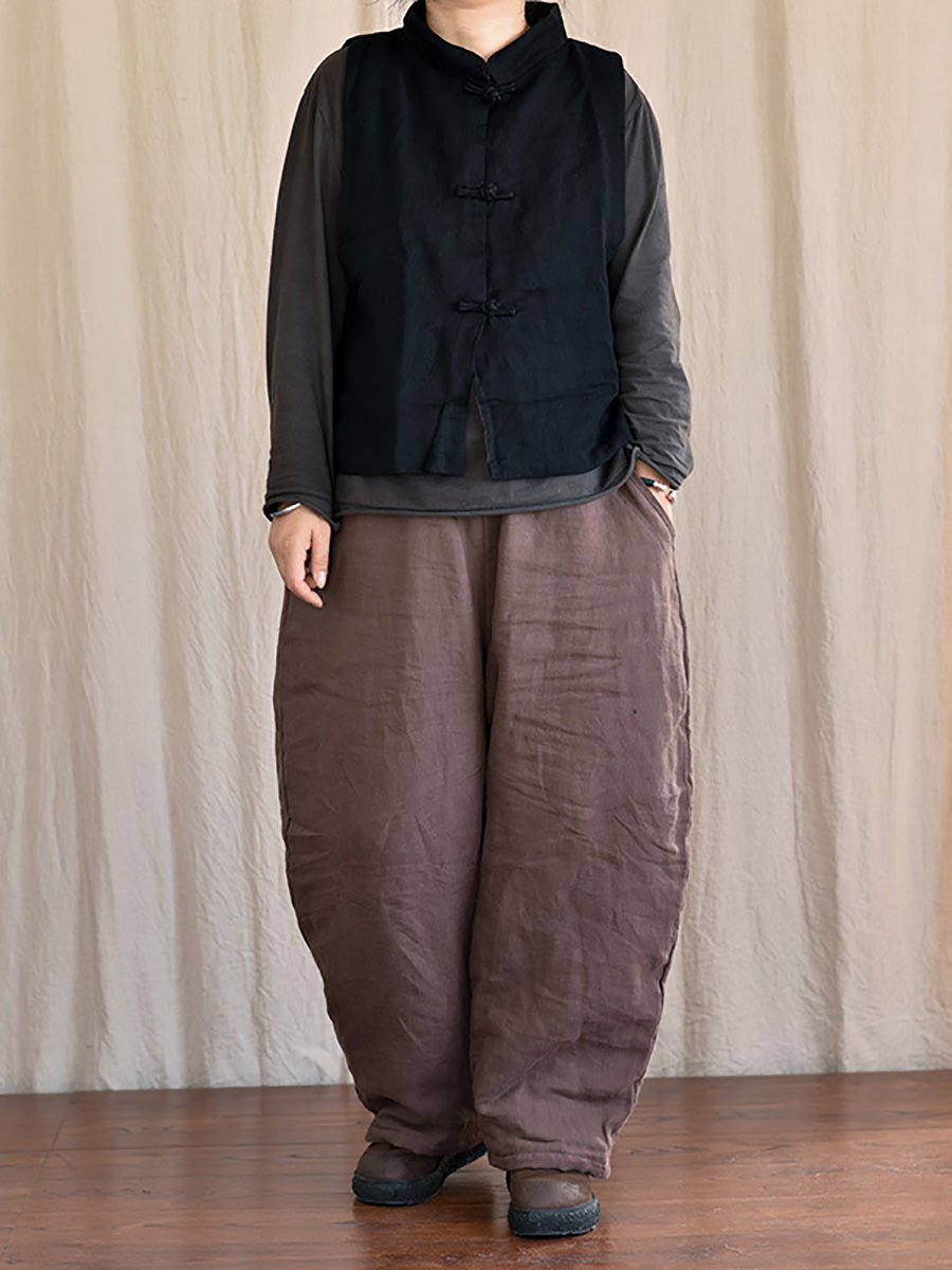 Women Winter Rero Solid Linen Pocket Harem Pants AT1096 BUYKUD