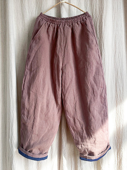 Women Winter Rero Solid Linen Pocket Harem Pants AT1096 BUYKUD