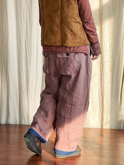 Women Winter Rero Solid Linen Pocket Harem Pants AT1096 BUYKUD