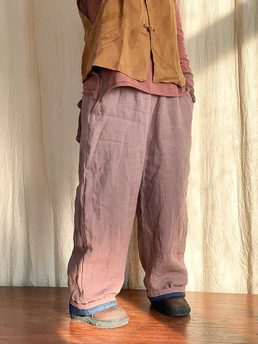 Women Winter Rero Solid Linen Pocket Harem Pants AT1096 BUYKUD