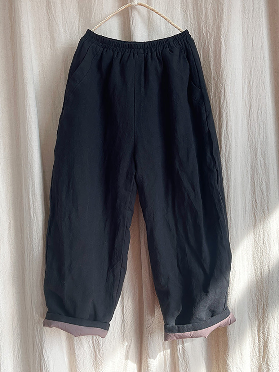 Women Winter Rero Solid Linen Pocket Harem Pants AT1096 BUYKUD