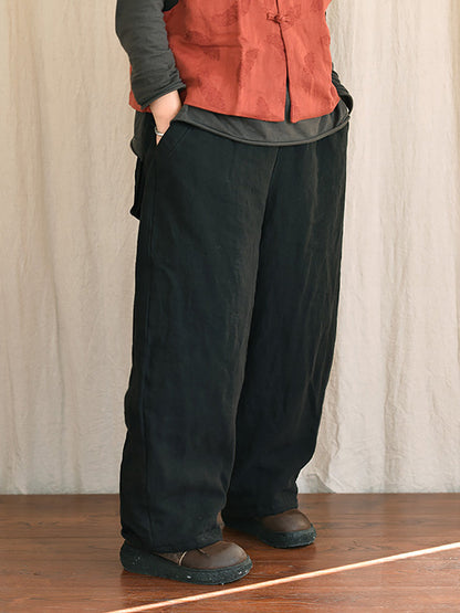 Women Winter Rero Solid Linen Pocket Harem Pants AT1096 BUYKUD