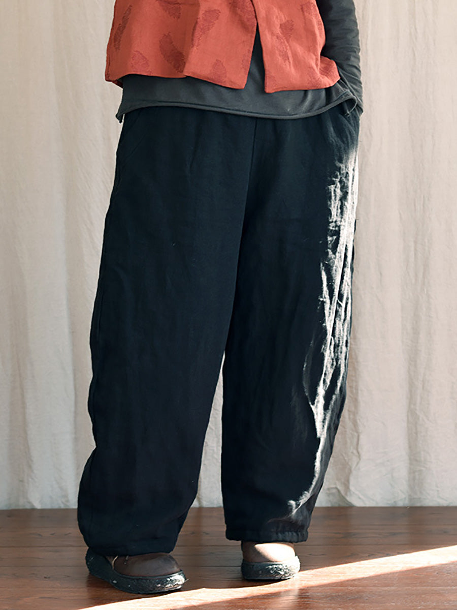 Women Winter Rero Solid Linen Pocket Harem Pants AT1096 BUYKUD