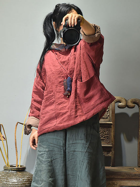 Women Winter Colorblock Hooded Linen Padded Coat AT1094 BUYKUD