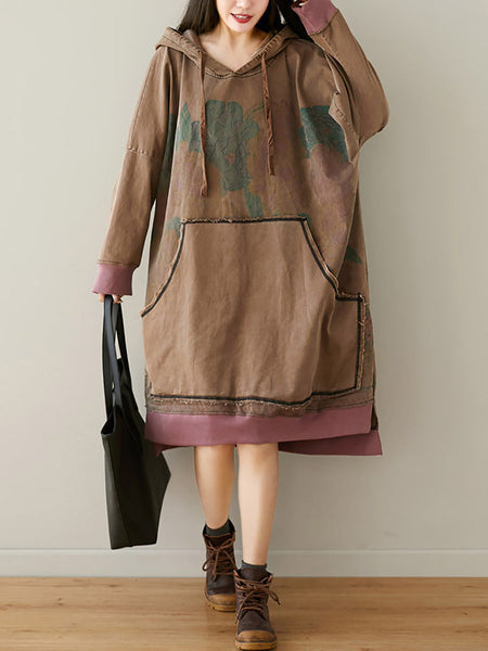 Women Autumn Retro Flower Colorblock Hem Hooded Dress AI1049 BUYKUD
