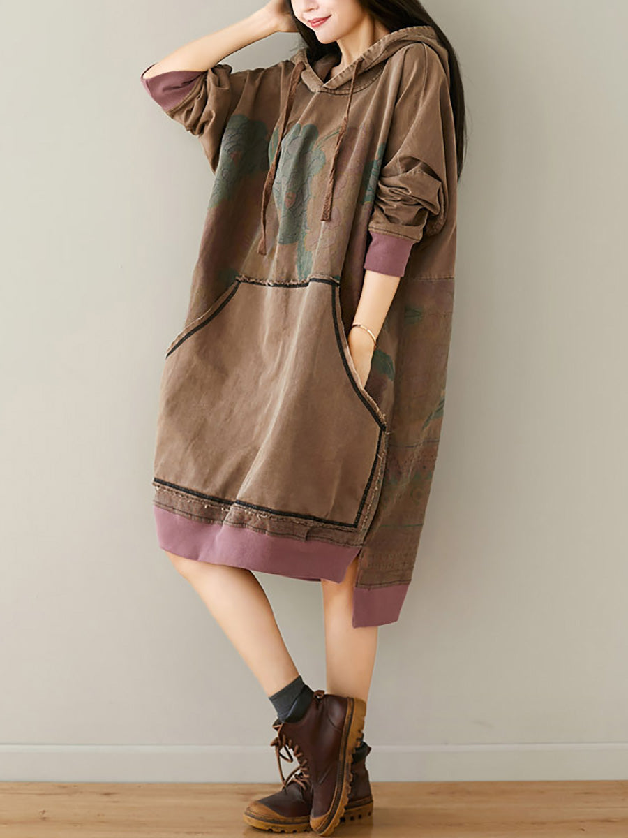 Women Autumn Retro Flower Colorblock Hem Hooded Dress AI1049 BUYKUD
