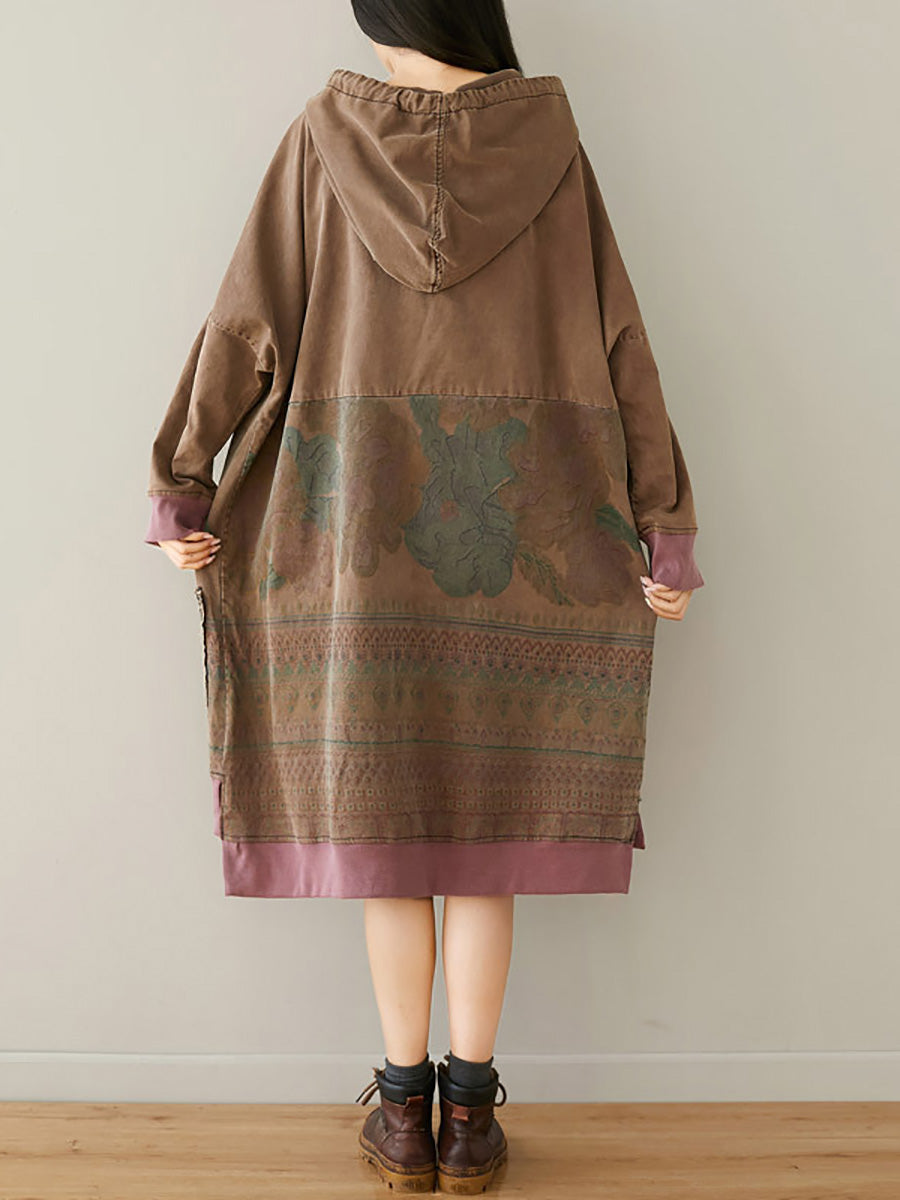 Women Autumn Retro Flower Colorblock Hem Hooded Dress AI1049 BUYKUD