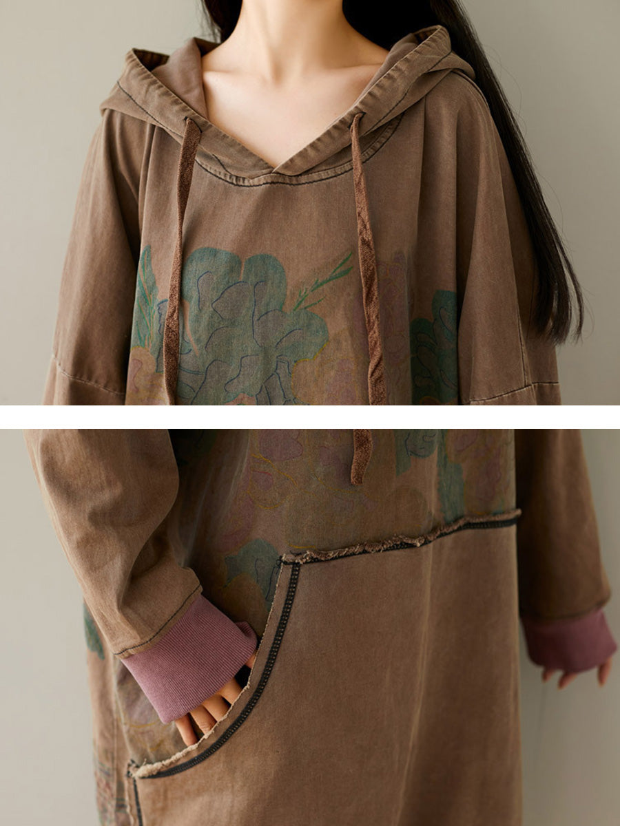 Women Autumn Retro Flower Colorblock Hem Hooded Dress AI1049 BUYKUD